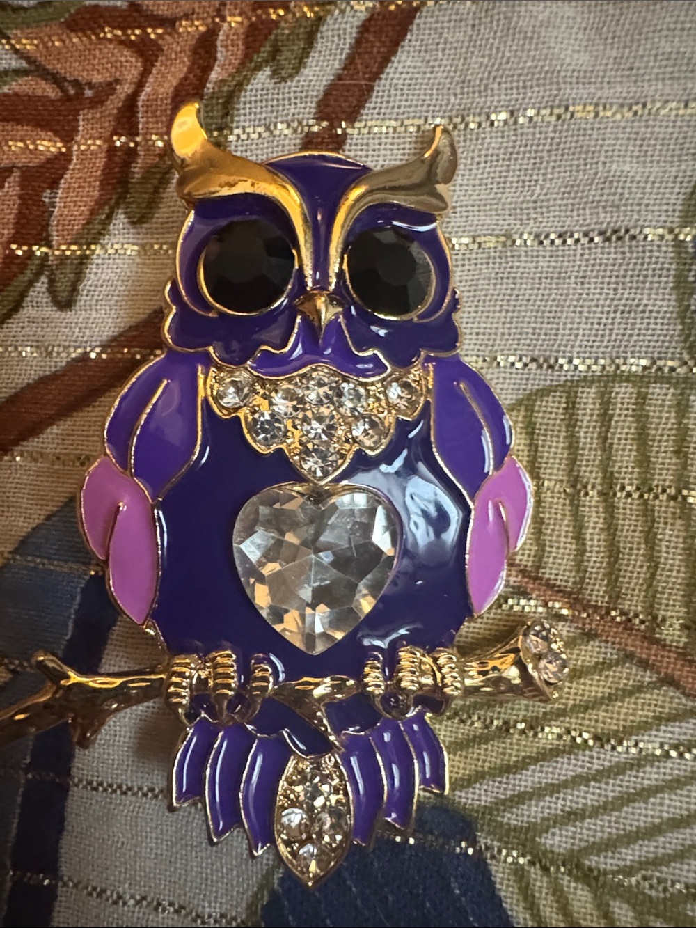 Purple Owl Crystal Heart Brooch